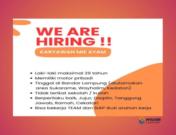 Loker Karyawan Mie Ayam, Sukarame, Bandar Lampung,
