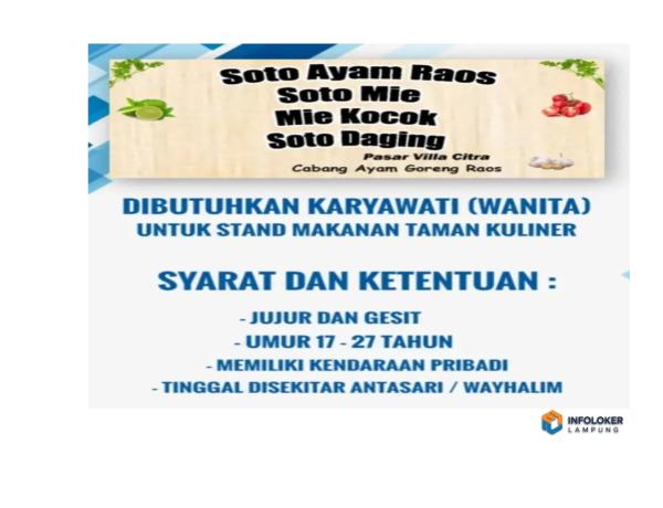 Dibutuhkan Karyawati Jaga Stand Taman Kuliner, Way Halim, Bandar Lampung Kota, Lampung