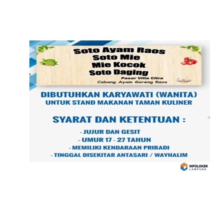 Dibutuhkan Karyawati Jaga Stand Taman Kuliner, Way Halim, Bandar Lampung Kota, Lampung