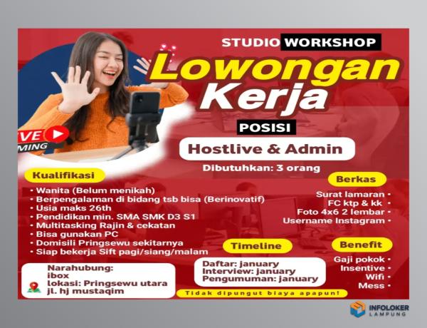 Loker admin dan host segera Pringsewu, Pringsewu Kab., Lampung