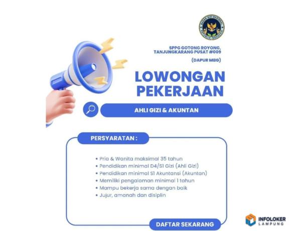 Loker perekrutan Ahli Gizi dan Akuntan untuk penempatan di SPPG Gotong Royong, Tanjungkarang Pusat, Lampung.