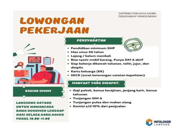 Lowongan Kerja Untuk Posisi Bagian Umum Di Gudang Kaca Mobil, Pringsewu, Lampung