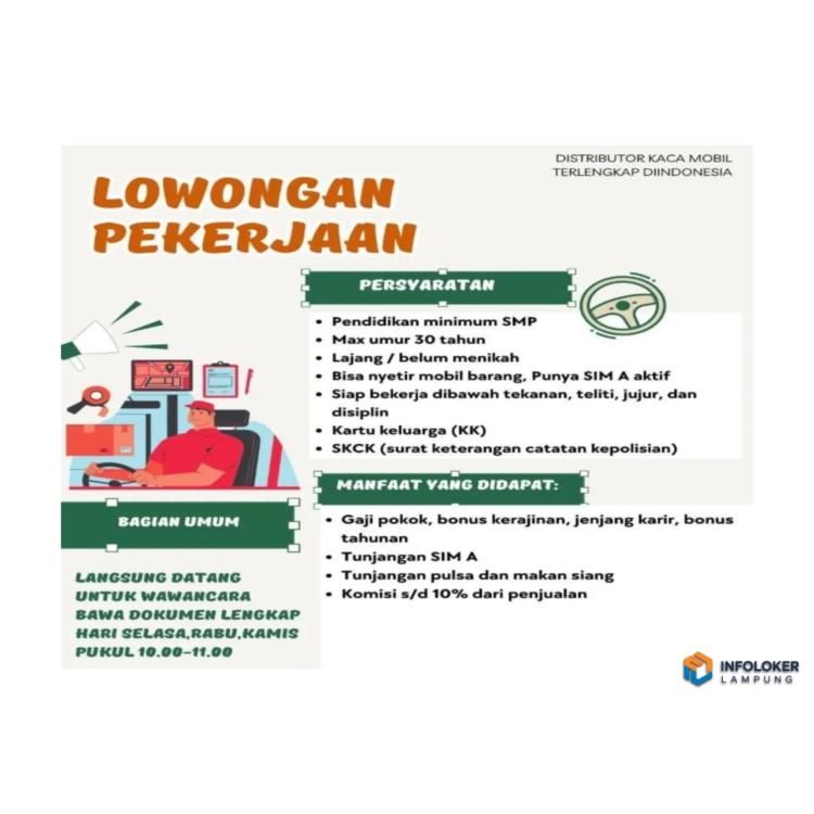 Lowongan Kerja Untuk Posisi Bagian Umum Di Gudang Kaca Mobil, Pringsewu, Lampung