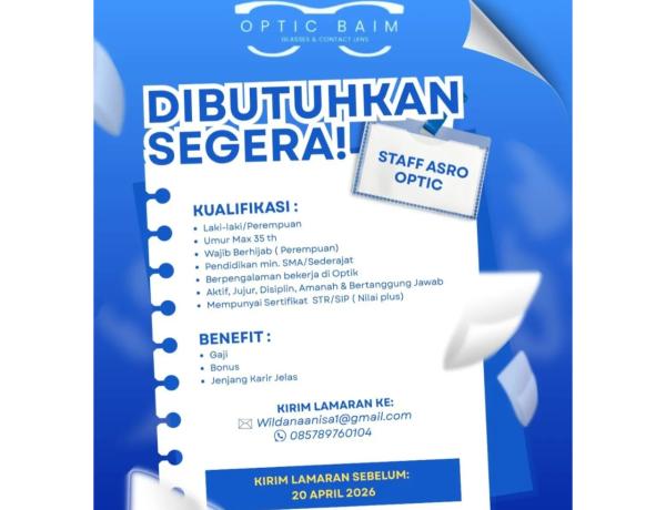 lowongan kerja dari Optic Baim Bagian Staff Asro Optic, Bandar Lampung