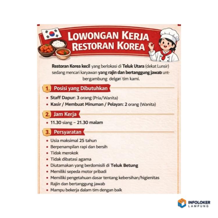 Lowongan Kerja Untuk Restoran Korea kecil di daerah Teluk Utara (dekat Lunsir), Bandar Lampung