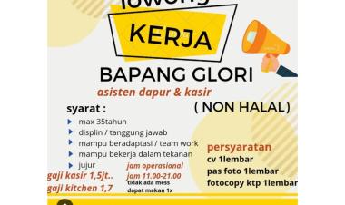 Lowongan Kerja Untuk posisi Asisten Dapur dan Kasir, (Non Halal), Bandar Lampung