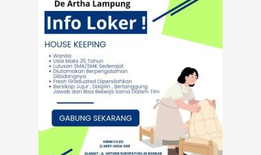 De Artha Lampung sedang membuka lowongan kerja untuk posisi House Keeping, Kedaton, Bandar