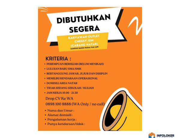 Lowongan Kerja Karyawan Outlet Cheesy.idn (Cabang Natar)