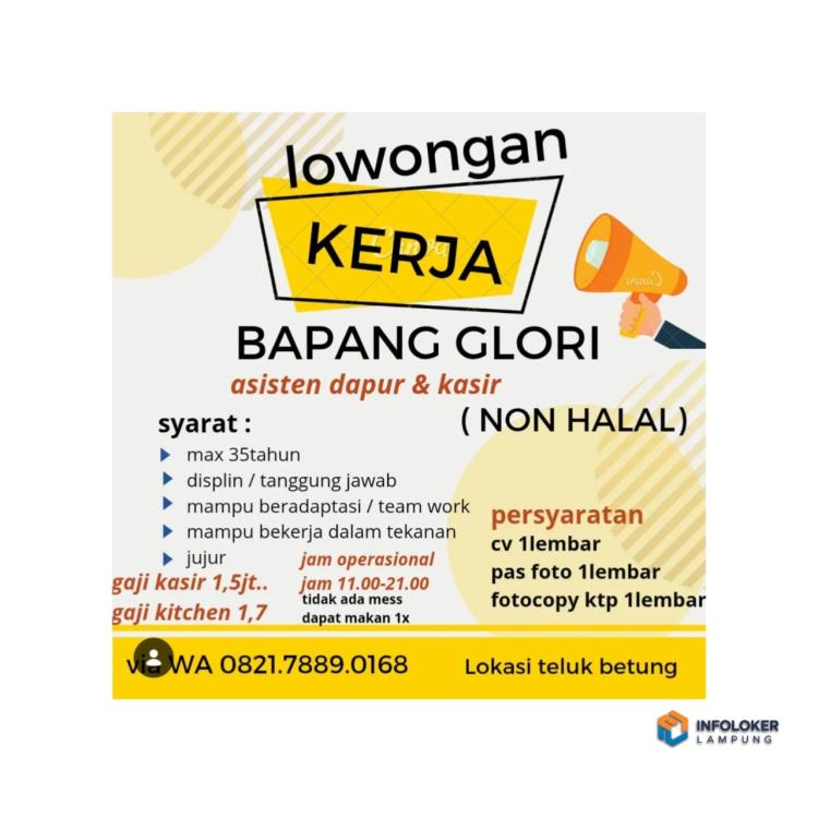 Lowongan Kerja Untuk posisi Asisten Dapur dan Kasir, (Non Halal), Bandar Lampung