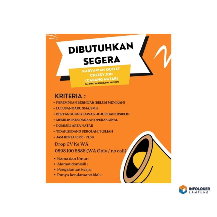 Lowongan Kerja Karyawan Outlet Cheesy.idn (Cabang Natar)