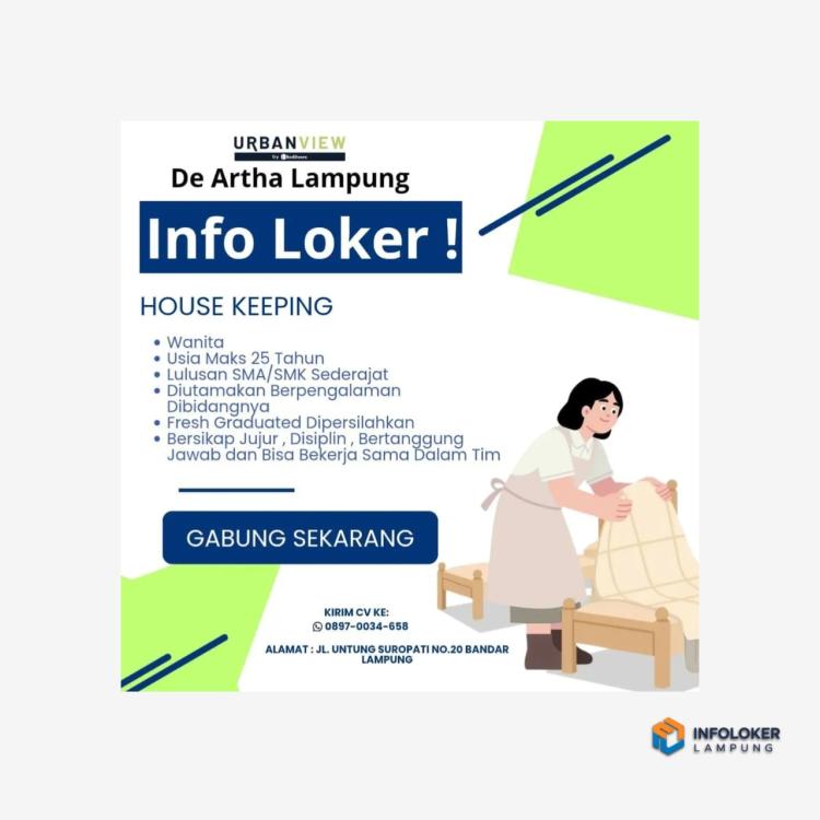 De Artha Lampung sedang membuka lowongan kerja untuk posisi House Keeping, Kedaton, Bandar