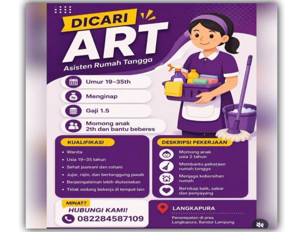 Lowongan Kerja ART untuk ditempatkan di area Langkapura, Bandar Lampung