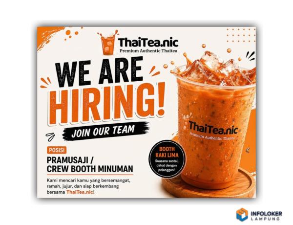 Lowongan kerja di ThaiTea.nic untuk posisi Pramusaji / Crew Booth Minuman, bandar lampung