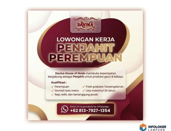 Lowongan Kerja Penjahit Perempuan di Davina House of Mode, Kota Metro