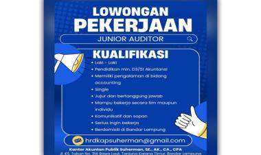 Lowongan kerja untuk posisi Junior Auditor di Kantor Akuntan Publik Suherman, SE., AK., CA., CPA , Bandar Lampung
