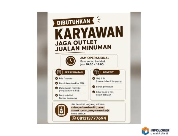 Lowongan Kerja Karyawan Jaga Outlet Jualan Minuman untuk wilayah Bandar Lampung