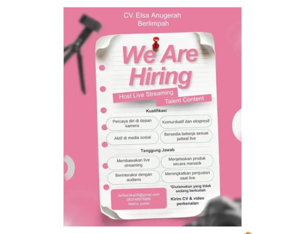 Perusahaan CV. Eka Anugerah Berlimpah sedang membuka lowongan kerja untuk posisi Host Live Streaming, Bandar Lampung