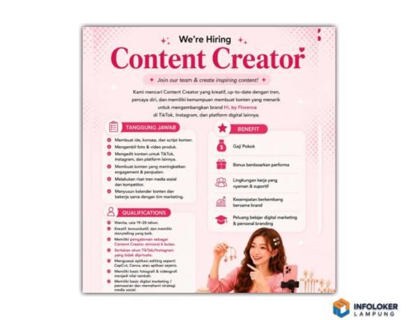 Lowongan Kerja Untuk Posisi Content Creator di brand Hi, by Florence, Bandar Lampung