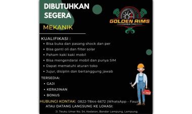 Lowongan kerja untuk posisi Mekanik di Golden Rims (Suspension & Tyres Store) di Bandar Lampung