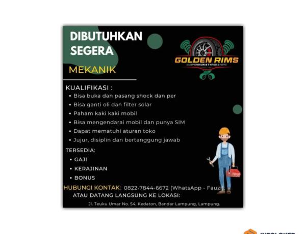 Lowongan kerja untuk posisi Mekanik di Golden Rims (Suspension & Tyres Store) di Bandar Lampung