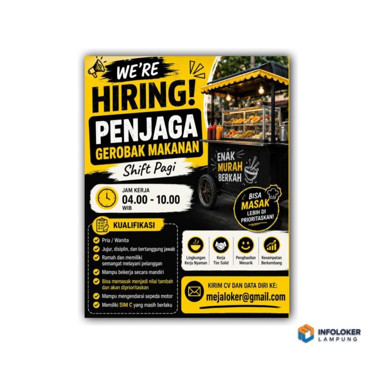 Lowongan kerja untuk posisi Penjaga Gerobak Makanan (Shift Pagi) di wilayah Lampung