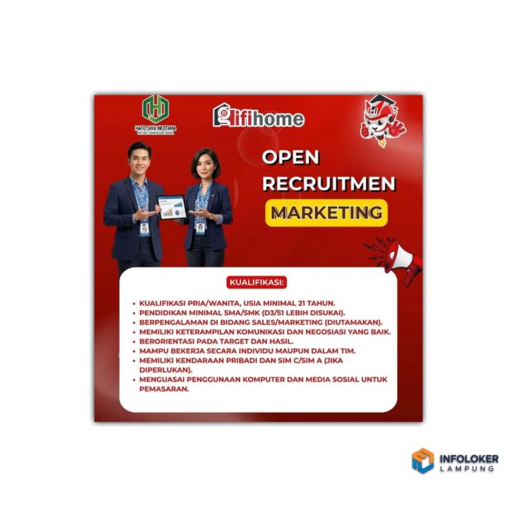 Lowongan kerja untuk posisi Marketing di Hafiz Jaya Infotama (Ifihome), Bandar Lampung.